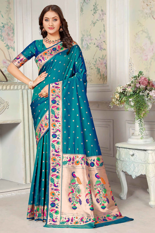 Rama Blue Silk Woven Zari Paithani Saree