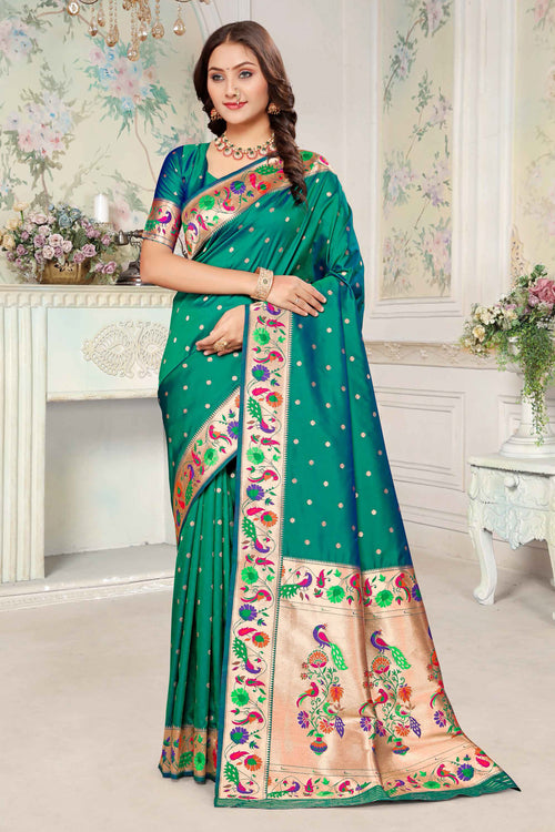 Teal Green Silk Woven Zari Paithani Saree