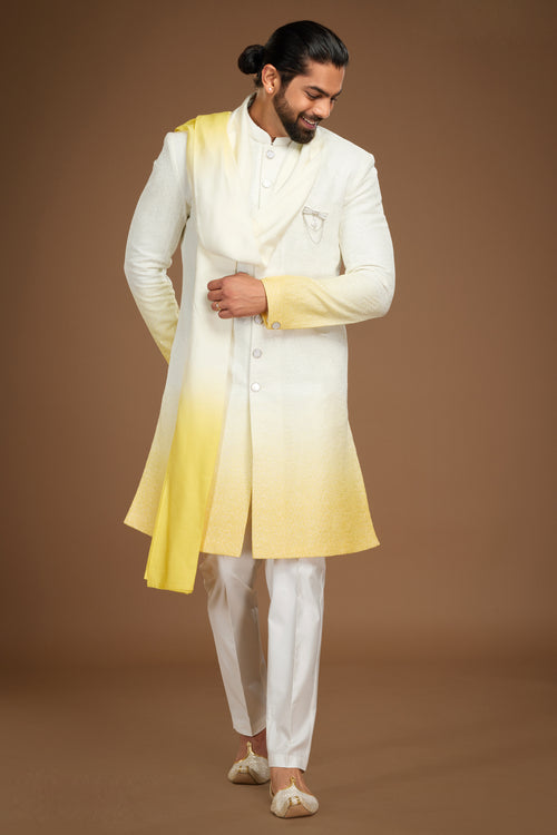Lemon Yellow Groom's Wear Silk Sherwani For Men