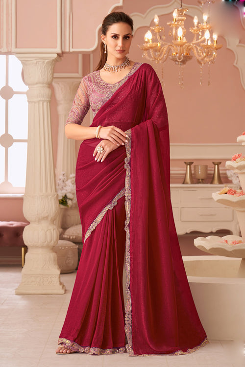 Cherry Red Rainbow Georgette Wedding Saree With Heavy Embroidered Blouse
