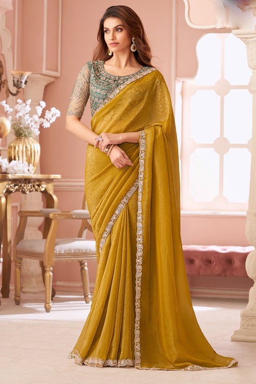 Mustard Yellow Georgette Silk Embroidered Fancy Saree