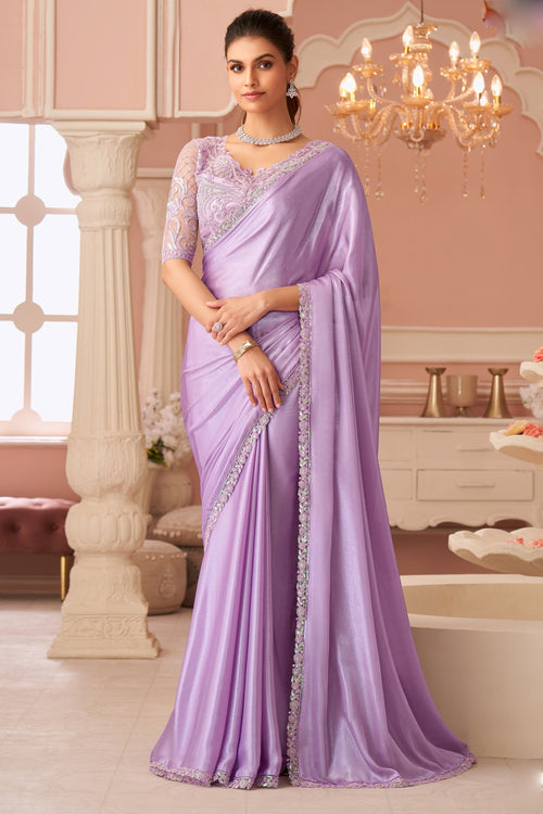 Lavender shimmer chiffon wedding saree with heavy embroidered blouse