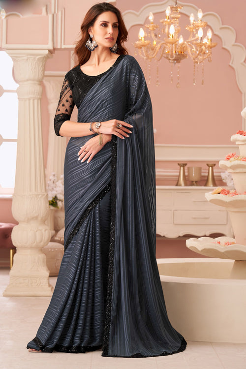 Ink Black Georgette Sequins Embroidered Patch Border Party Wear Saree
