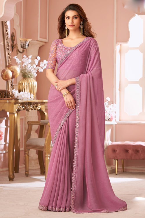Onion Pink Georgette Wedding Saree With Heavy Embroidered Blouse