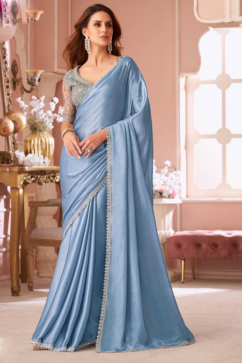 Blue shimmer chiffon wedding saree with heavy embroidered blouse
