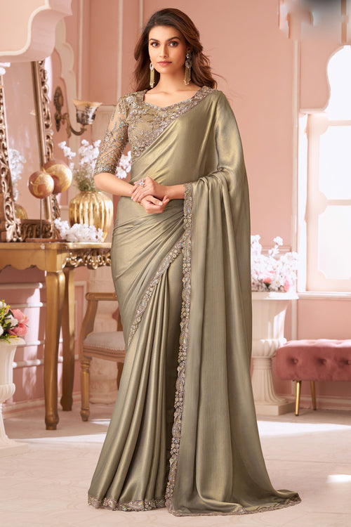 Champagne Gold Chiffon Satin Party Wear Sequins Embroidered Patch Border Saree