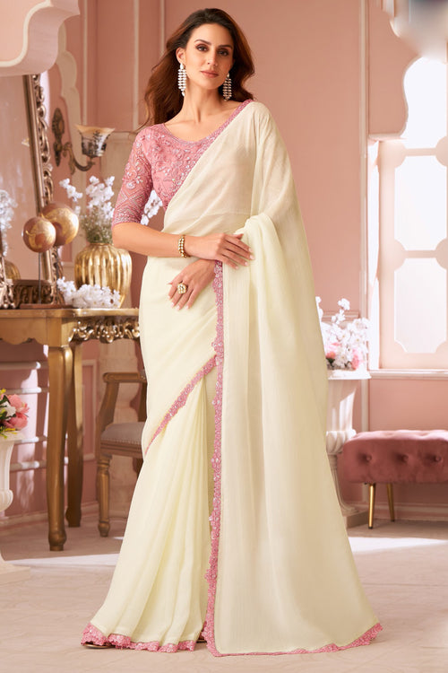 Cream Georgette Party Wear Sequins Embroidered Patch Border Saree