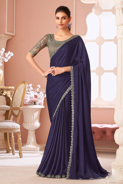 Navy Blue And Grey Designer Embroidered Saree