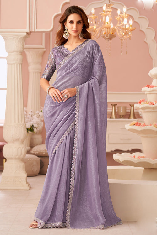 Lavender Sequins Embroidered Patch Border Georgette Party Wear Saree