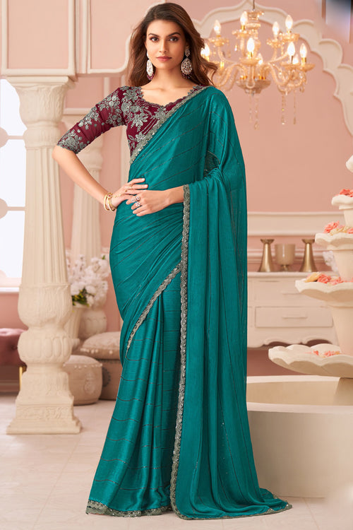 Rama Green Satin Saree with Embroidered Blouse