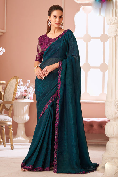 Peacock Blue Georgette Wedding Saree With Heavy Embroidered Blouse