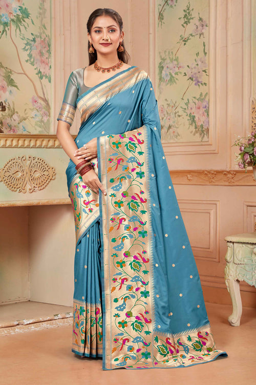 Sky Blue Wedding Wear Zari Weaving Paithani Silk Saree