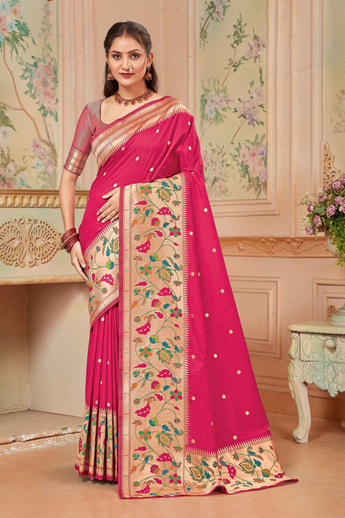 Pink & Gold Wedding Wear Zari Weaving Paithani Silk Saree