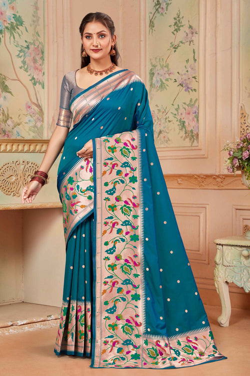 Rama Blue Wedding Wear Zari Weaving Paithani Silk Saree