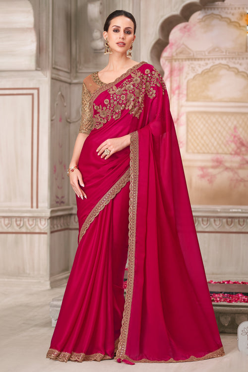 Cherry Red Satin Silk Embroidered Wedding Wear Saree With Pure Silk Blouse