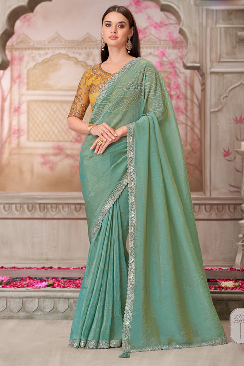 Pista Green Satin Silk Embroidered Wedding Wear Saree With Tussar Silk Blouse