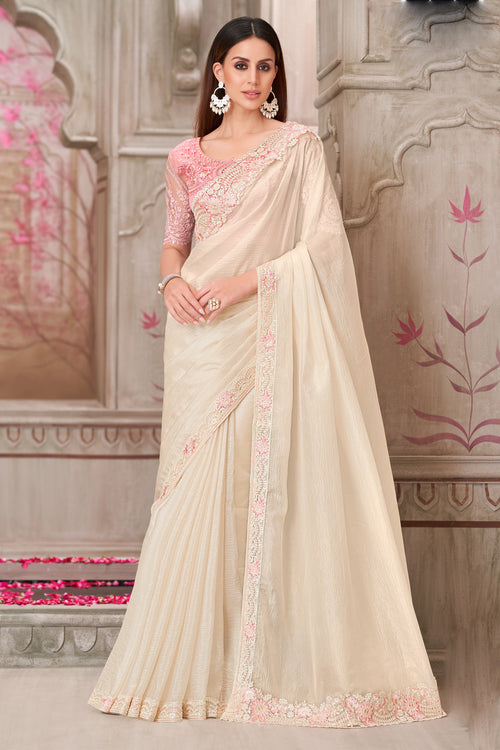Pearl White Satin Silk Embroidered Wedding Wear Saree With Tussar Silk Blouse