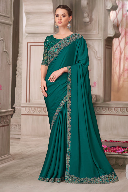 Peacock Green Satin Silk Embroidered Wedding Wear Saree With Satin Silk Blouse
