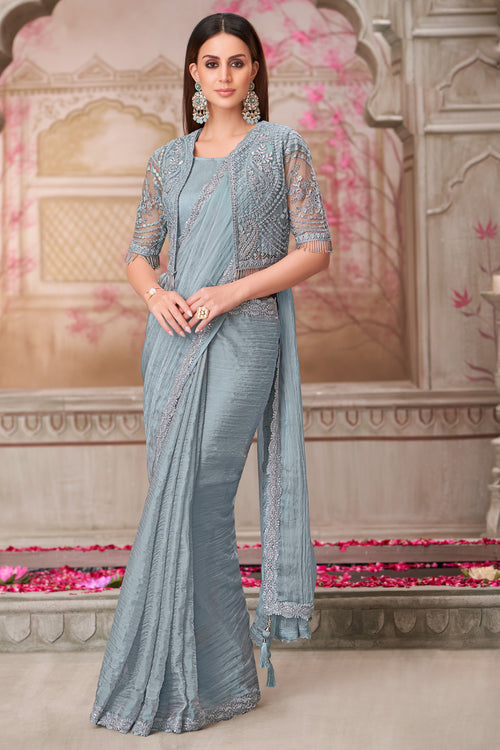 Silver Grey Georgette Embroidered Wedding Wear Saree With Jacket Net Blouse