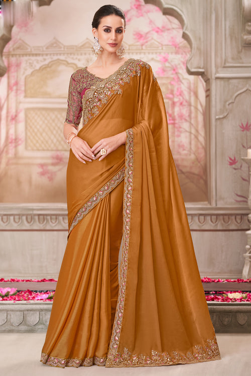 Golden Mustard Chiffon Silk Embroidered Wedding Wear Saree With Tussar Silk Blouse