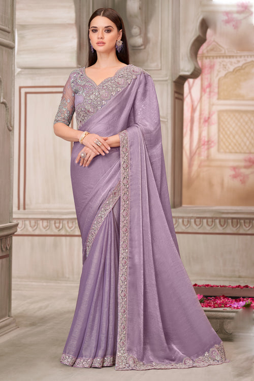 Lilac Chiffon Silk Embroidered Wedding Wear Saree With Tussar Silk Blouse