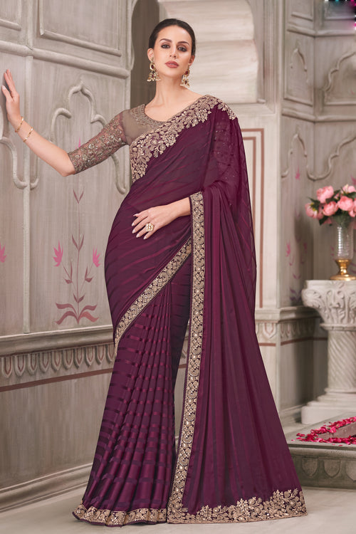 Wine Georgette Silk Embroidered Wedding Wear Saree With Tussar Silk Blouse