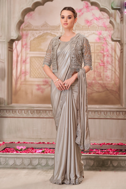 Pearl Grey Satin Silk Embroidered Wedding Wear Saree With Jacket Net Blouse