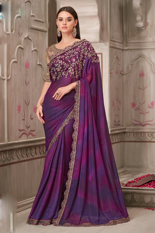 Mulberry Satin Georgette Embroidered Wedding Wear Saree With Pure Silk Blouse