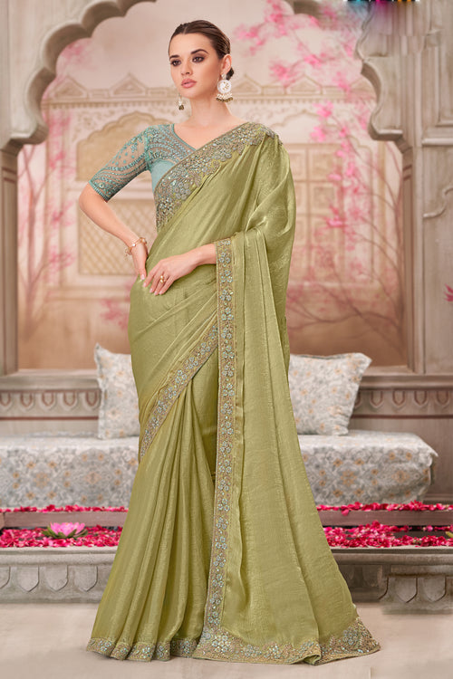 Olive Green Chiffon Silk Embroidered Wedding Wear Saree With Tussar Silk Blouse