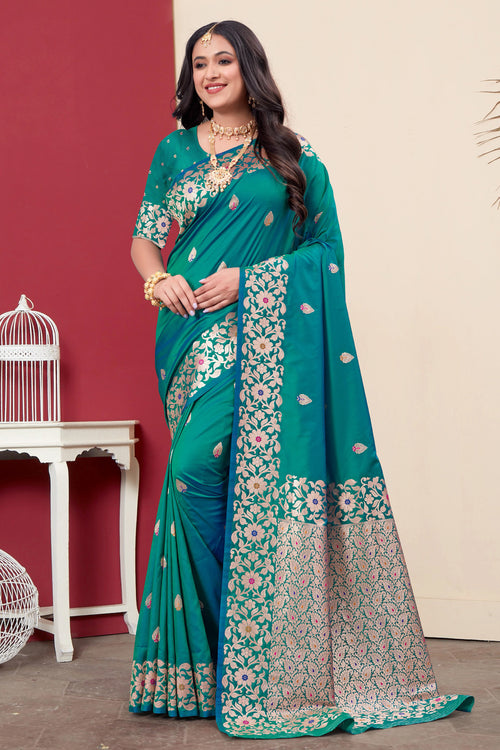 Teal Green Woven Design Zari Banarasi Art Silk Saree