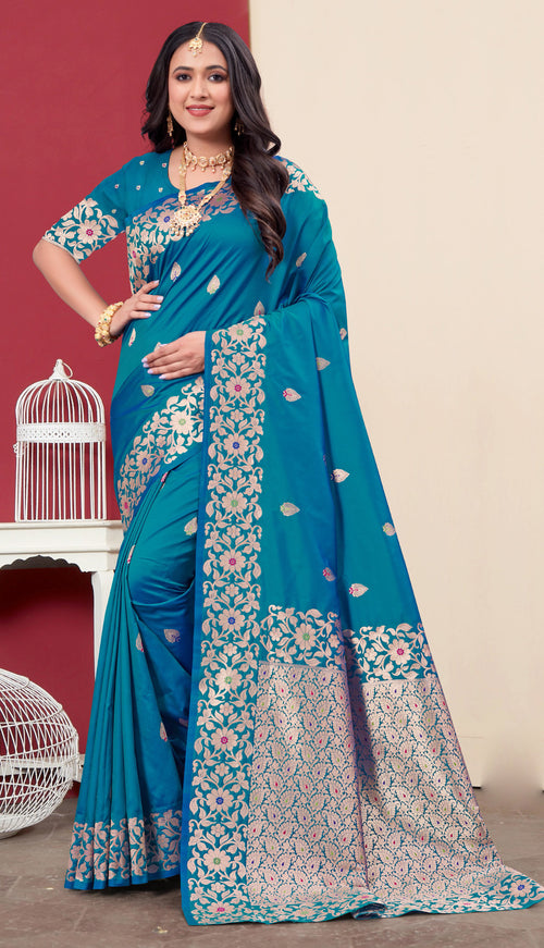 Teal Blue Woven Design Zari Banarasi Art Silk Saree