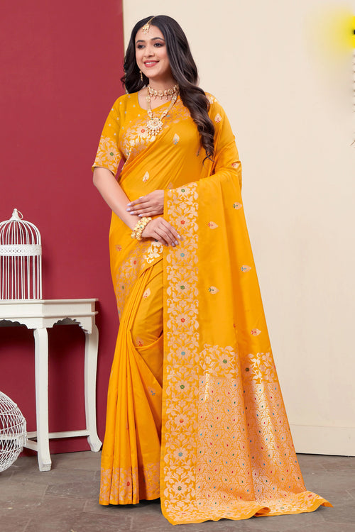 Yellow Woven Design Zari Banarasi Art Silk Saree