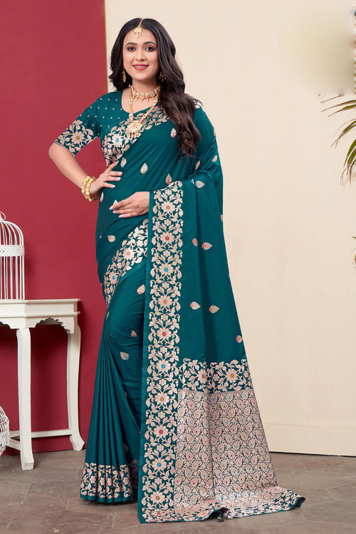 Teal Green Woven Design Zari Banarasi Art Silk Saree