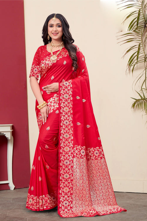 Red Woven Design Zari Banarasi Art Silk Saree