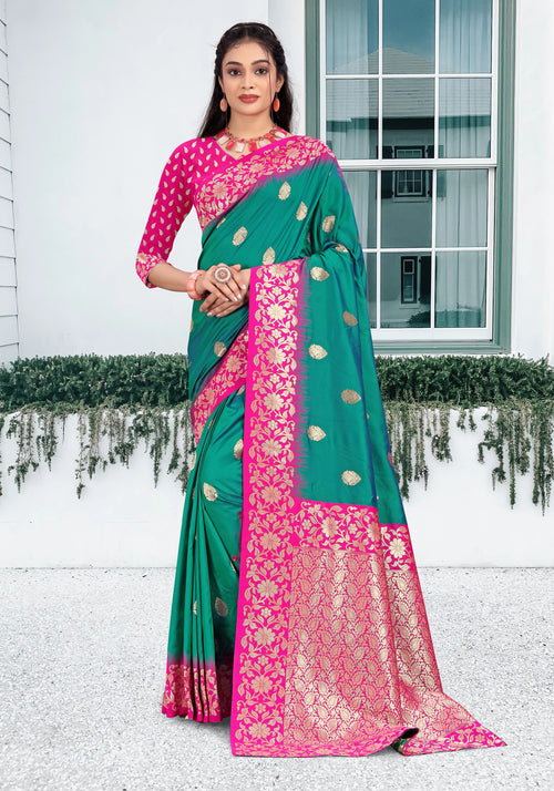 Dark Teal With Pink Border Wedding Wear Art Silk Saree