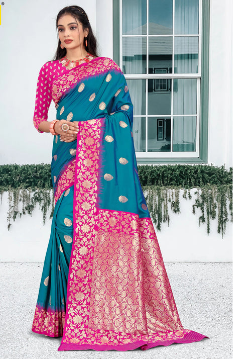 Rama Blue With Pink Border Wedding Wear Art Silk Saree