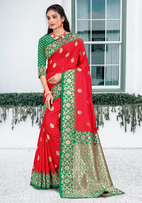 Red With Green Border Wedding Wear Art Silk Saree