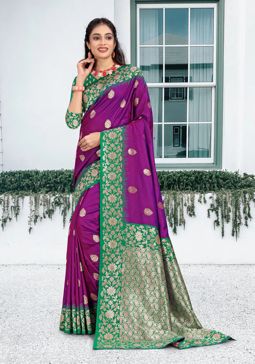 Dark Purple With Green Border Wedding Wear Art Silk Saree