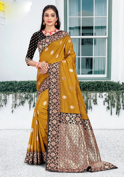 Golden Yellow With Black Border Wedding Wear Art Silk Saree