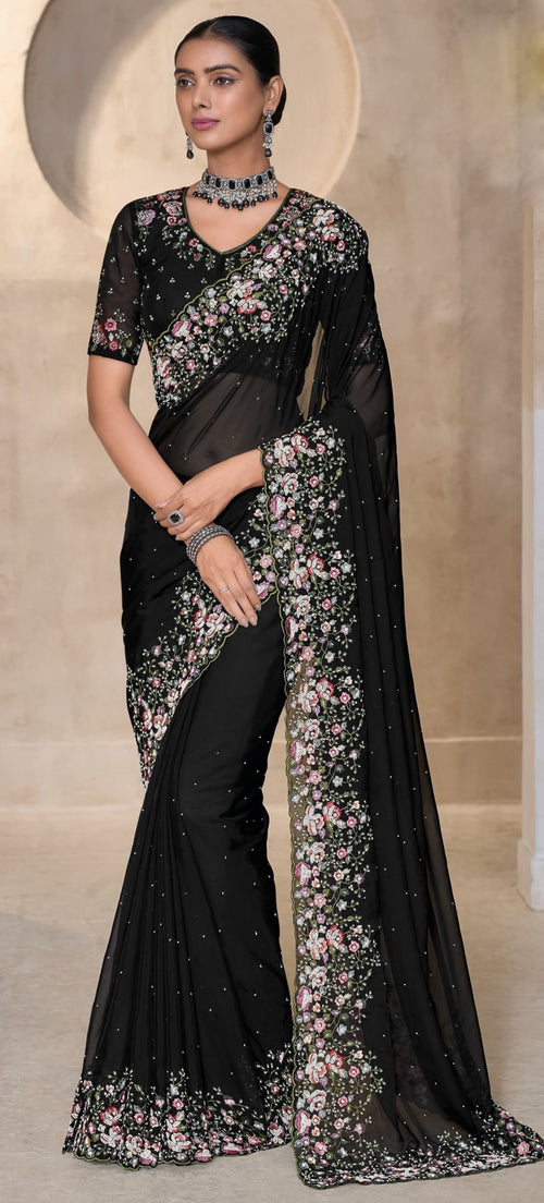 Black Resham Embroidered Organza Saree