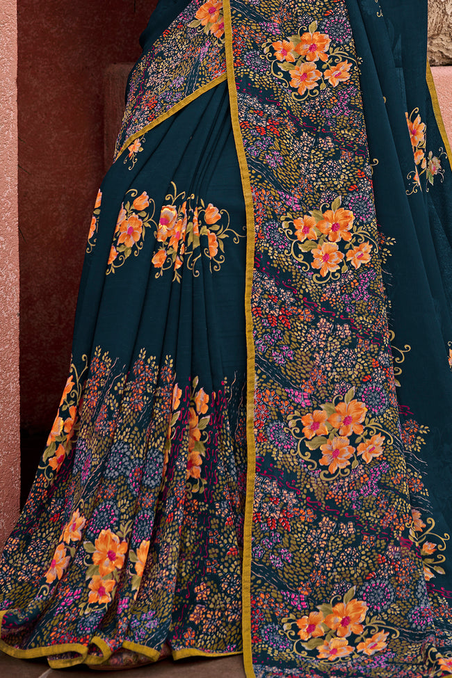 Black Floral & Foil Print Georgette Printed Saree With Fancy Border And Blouse Piece
