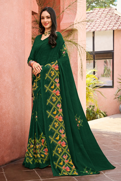 Dark Green Floral & Foil Print Georgette Printed Saree With Fancy Border And Blouse Piece