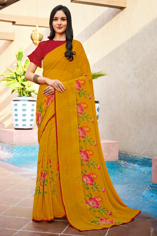 Mustard Floral & Foil Print Georgette Printed Saree With Fancy Border And Blouse Piece