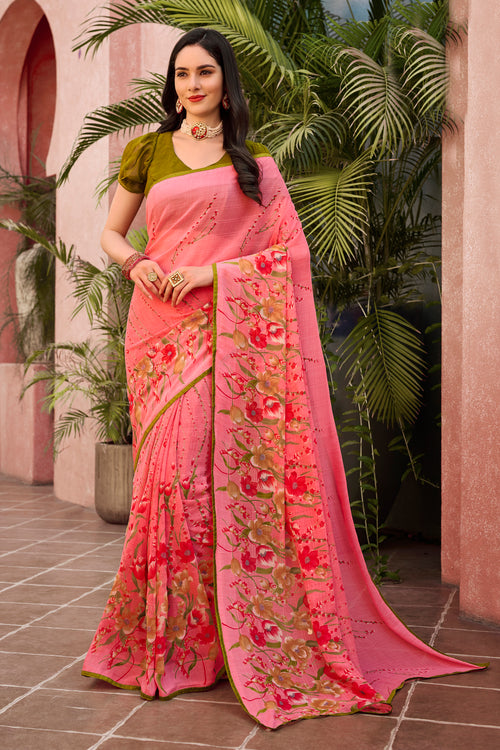 Coral Floral & Foil Print Georgette Printed Saree With Fancy Border And Blouse Piece