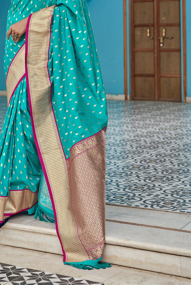 Aqua Blue With Pink Border Silk Traditional Saree