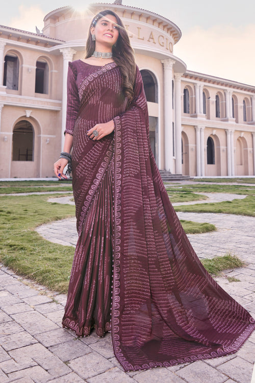 Wine Georgette Printed Saree With Border And Blouse Piece