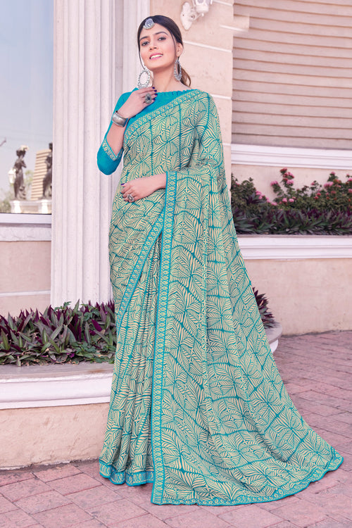 Teal Georgette Printed Saree With Border And Blouse Piece