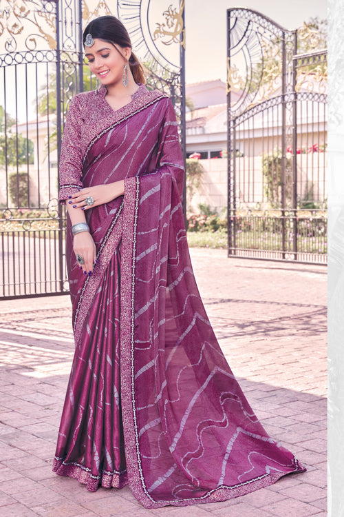Purple Georgette Printed Saree With Border And Blouse Piece