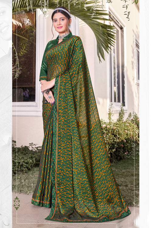 Forest Green Gerogette Printed Saree With Border And Blouse Piece