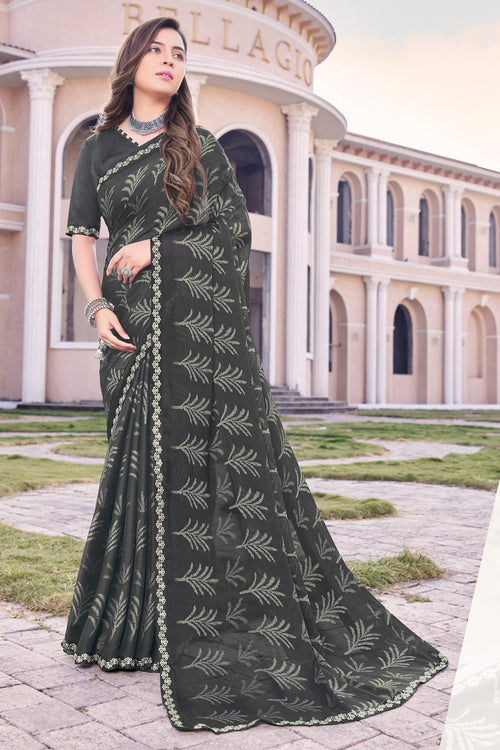 Black Gerogette Printed Saree With Border And Blouse Piece